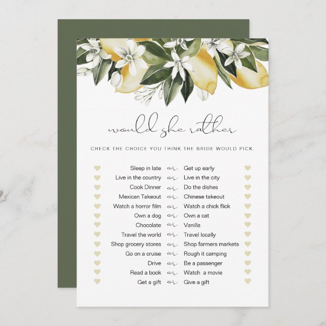 DAHLIA Lemon würde eher Bridal Game Einladung (Vorne/Hinten)