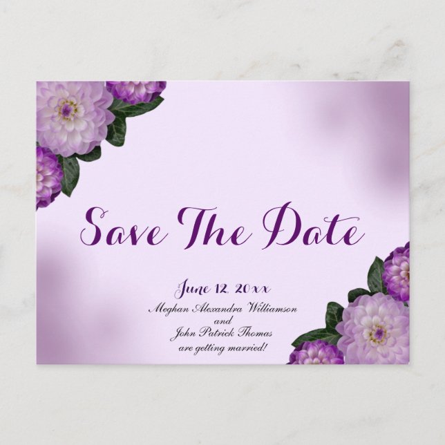 Dahlia Lila Lavender Lilac Floral Save the Date Postkarte (Vorderseite)