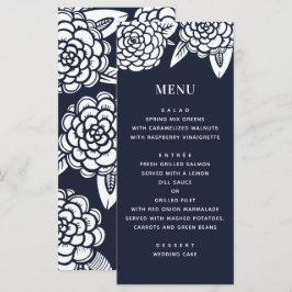 Dahlia. Moderne Hochzeit der Navy mit Blumen. Blau Menükarte