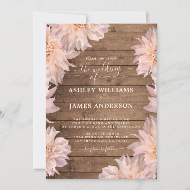 Dahlia Pink Floral Rustic Wood Wedding Einladung (Vorderseite)