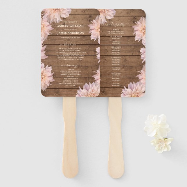 Dahlia Pink Floral Rustic Wood Wedding Programm Fächer (Vorne und Hinten)