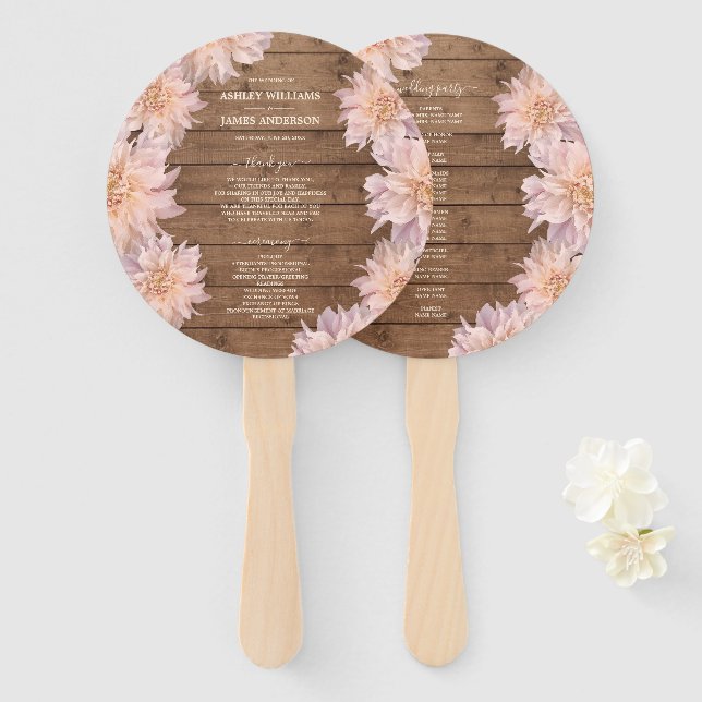 Dahlia Pink Floral Rustic Wood Wedding Programm Fächer (Vorne und Hinten)