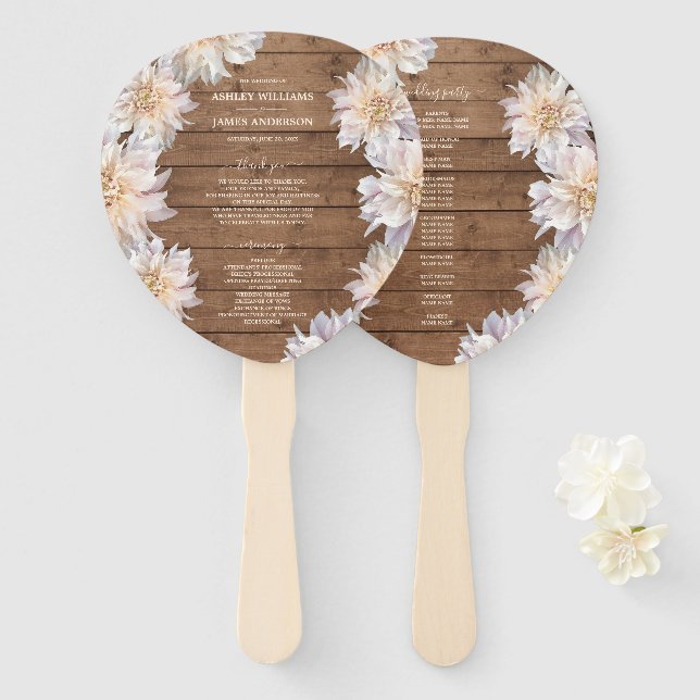 Dahlia Pink Floral Rustic Wood Wedding Programm Fächer (Vorne und Hinten)