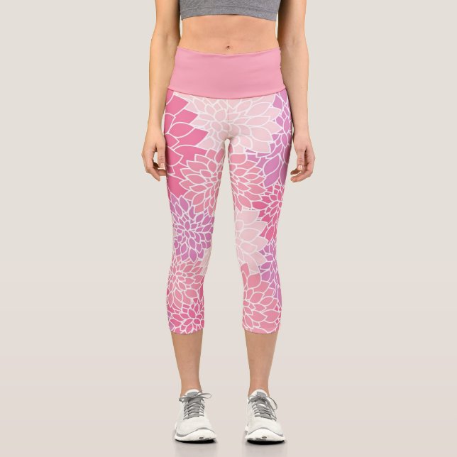 Dahlia Pink Lila Botanische Blüte Capri Leggings (Vorderseite)