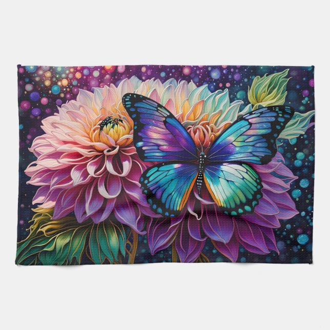 Dahlia und eiternde Schmetterlinge Geschirrtuch (Horizontal)