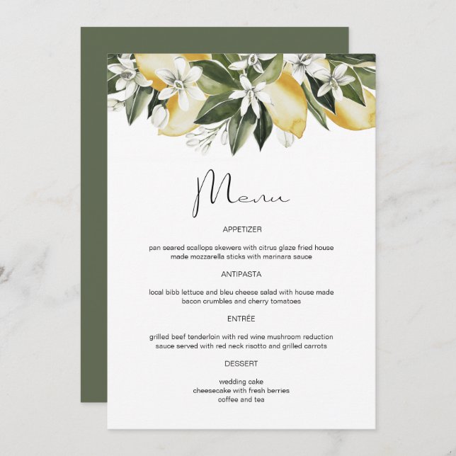 DAHLIA Watercolor Lemon Citrus Frucht Blumenmenü Menükarte (Vorne/Hinten)
