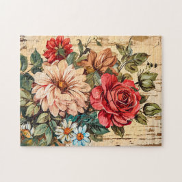 Dahlias and Roses on Cracked Wooden Wall Puzzle