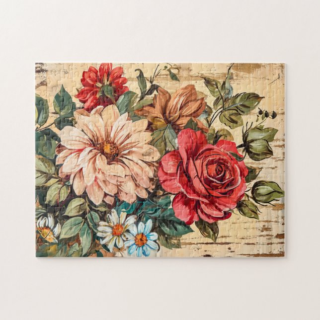 Dahlias and Roses on Cracked Wooden Wall Puzzle (Horizontal)
