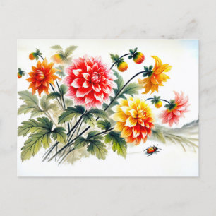 Dahlias Asian Tinte Malerei Feiertagspostkarte