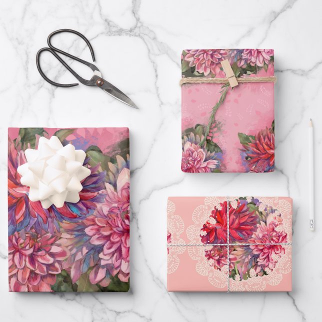 Dahlias Blume rosa Aquarellmuster Geschenkpapier Set (Vorderseite)