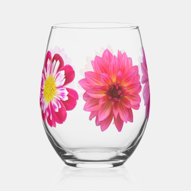 Dahlias Stemless Wine Glass Weinglas Ohne Stiel (Vorderseite)