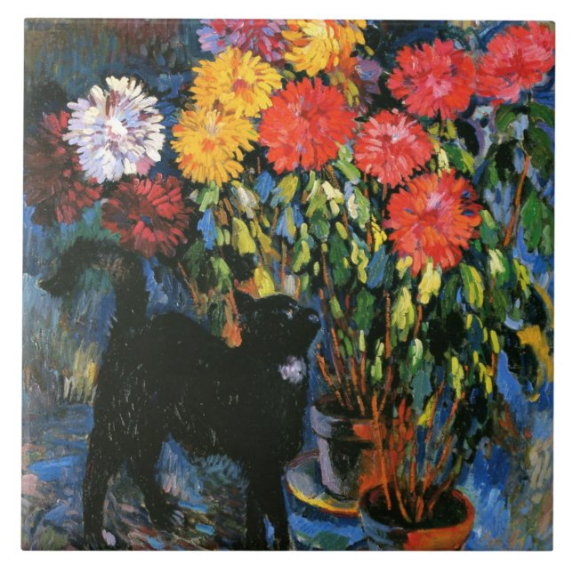 Dahlias und Black Cat, Kunstmalerei, Fliese (Vorderseite)