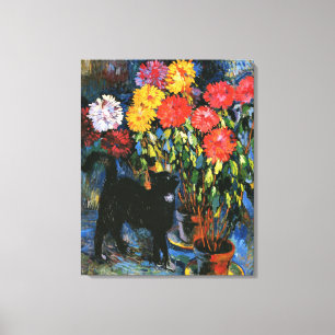 Dahlias und Black Cat, Kunstmalerei, Leinwanddruck