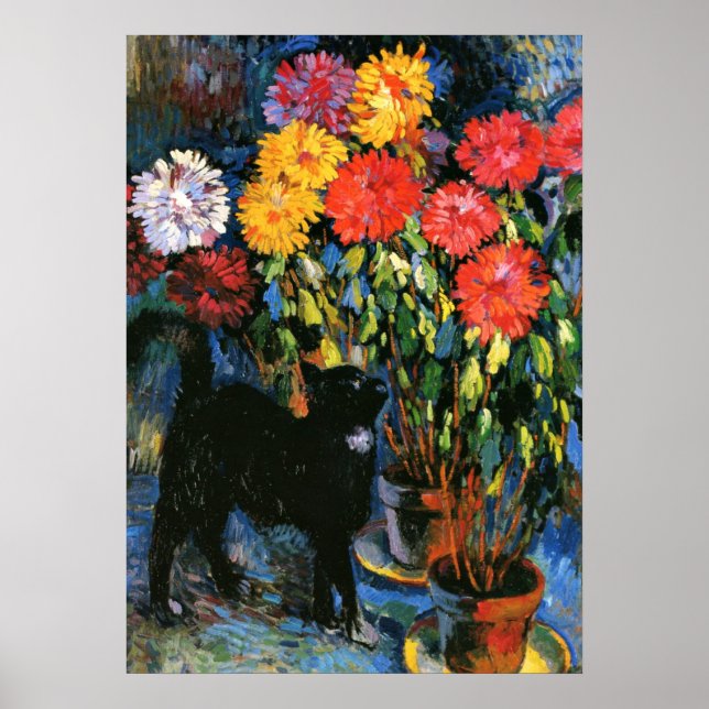 Dahlias und Black Cat, Kunstmalerei Poster (Vorne)