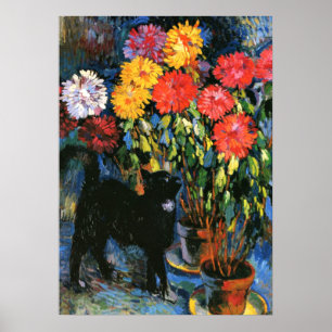 Dahlias und Black Cat, Kunstmalerei Poster