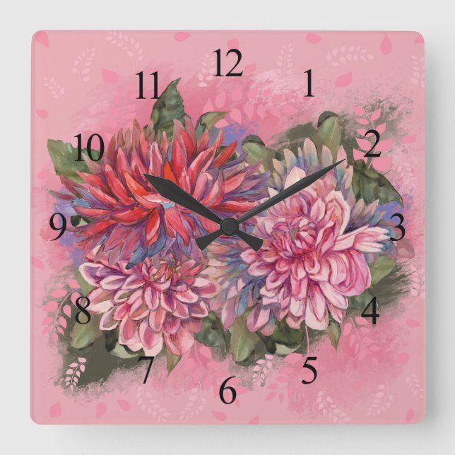 Dahlie-Blumen rosa Watercolormuster Quadratische Wanduhr (Vorderseite)