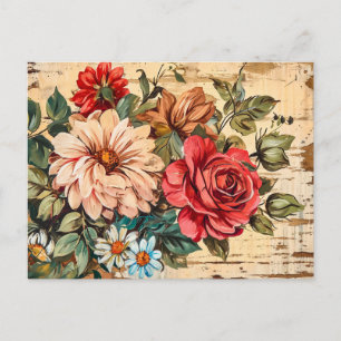Dahlien und Rosen auf einer rissigen Holzwand Postkarte