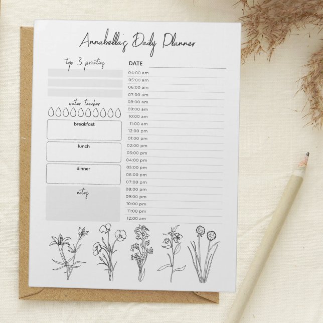 Daily Planner Hourly To Do List Black White Floral Notizblock (Von Creator hochgeladen)