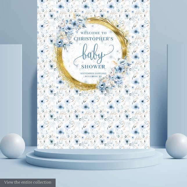 Dainty dusty Blue Blumen Gold Baby Dusche Banner Wandteppich (Dainty dusty blue flowers gold baby shower banner tapestry)