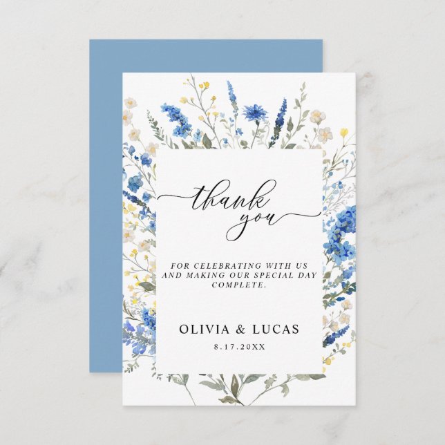 Dainty Dusty Blue Wild Floral Navy Rustikale Hochz Dankeskarte (Vorne/Hinten)