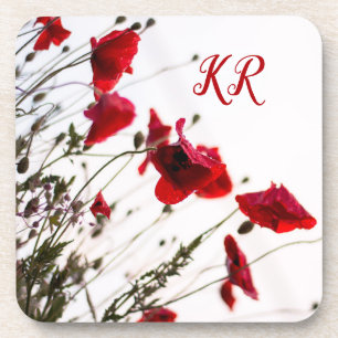 Dainty & Elegante Rote Flora Blume Mit Monogramm Getränkeuntersetzer