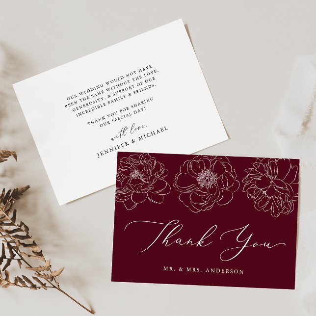 Dainty Floral Burgundy Wedding Dankeskarte (Von Creator hochgeladen)