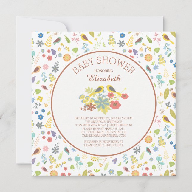 Dainty Floral Love Bird Baby Shower Einladungen (Vorderseite)