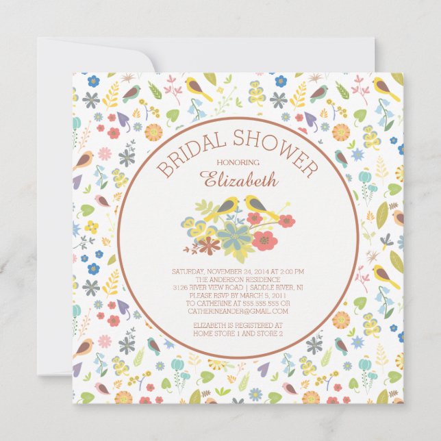 Dainty Floral Love Bird Bridal Dusche Einladung (Vorderseite)