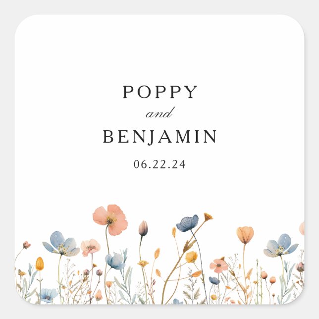 Dainty Floral Wildblume Wreath Wedding Quadratischer Aufkleber (Vorderseite)