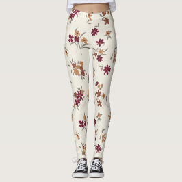 Dainty Gold Maroon Floral Pattern Leggings