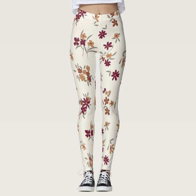 Dainty Gold Maroon Floral Pattern Leggings (Vorderseite)