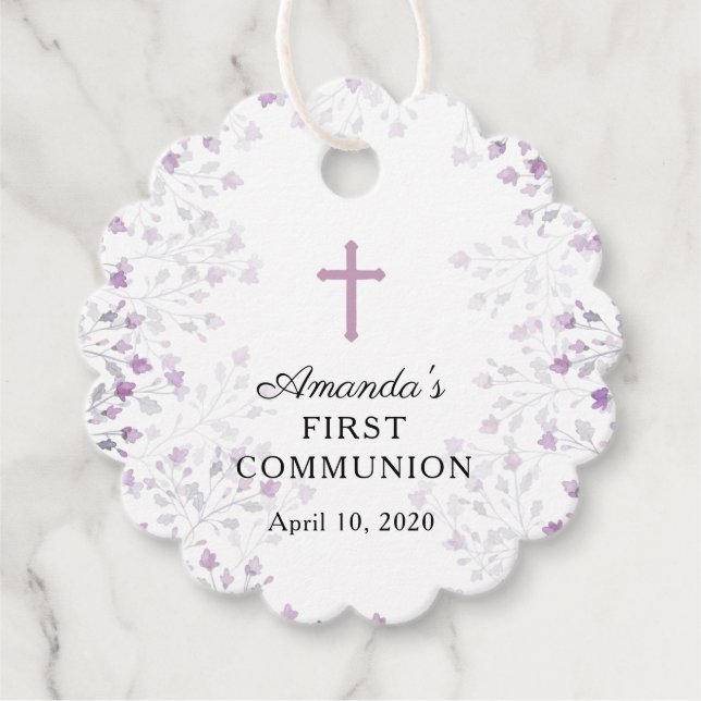 Dainty Lila Floral First Heilige Kommune Geschenkanhänger (Vorderseite)