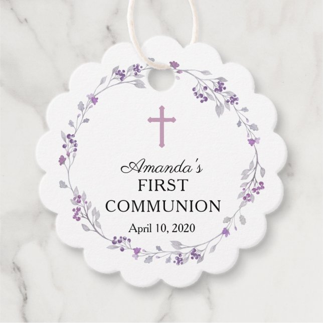 Dainty Lila Floral First Heilige Kommune Geschenkanhänger (Vorderseite)