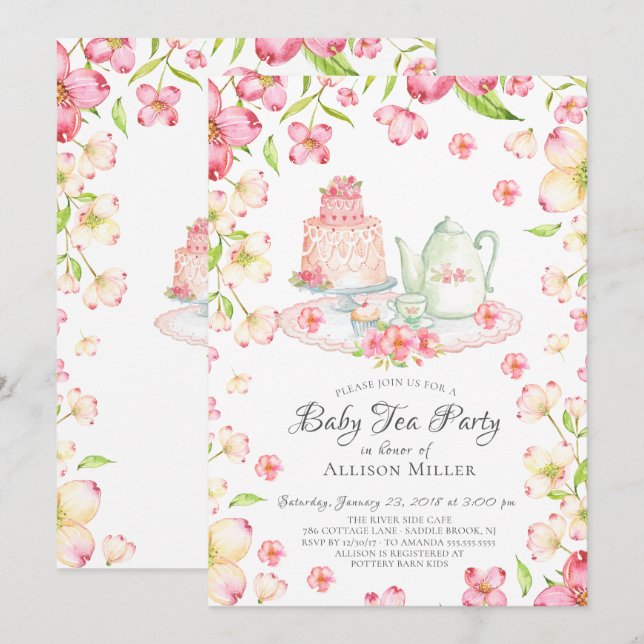 Dainty Pink Floral Baby Tee Party Einladung (Vorne/Hinten)