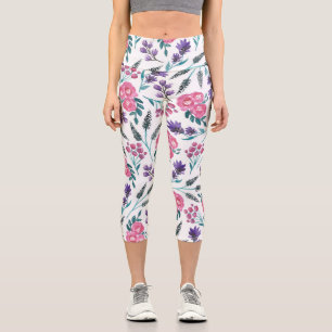 Dainty Pink Lila Sage Blume Aquarell Capri Leggings