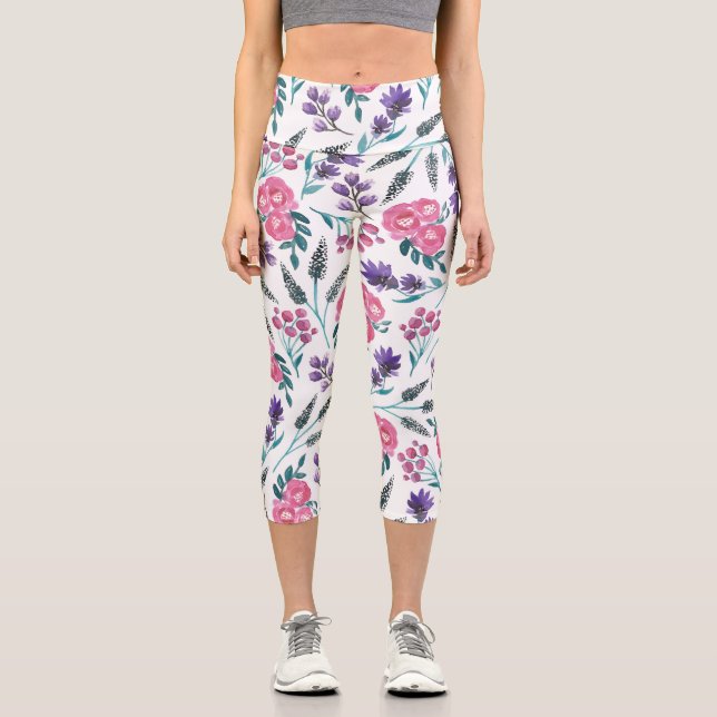 Dainty Pink Lila Sage Blume Aquarell Capri Leggings (Vorderseite)