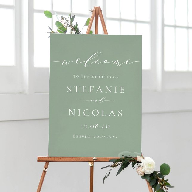 Dainty Script Sage Green Wedding Willkommen Poster (Customizable sage green minimalist script wedding welcome sign)