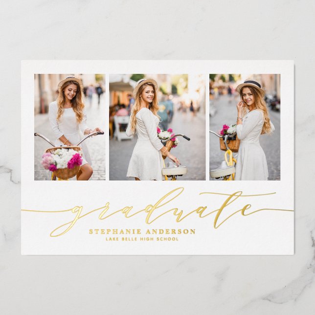 Dainty Script Three Foto Abschluss Folieneinladung (Vorderseite)