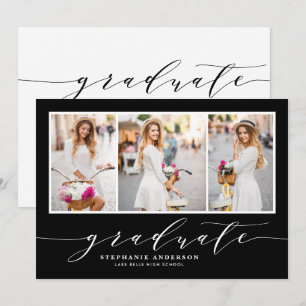 Dainty Script Three Foto Black Graduation Party Einladung