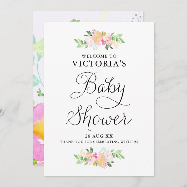 Dainty Watercolor Florals Baby Dusche Begrüßungsze Einladung (Vorne/Hinten)