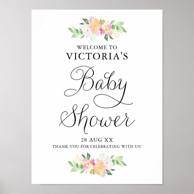 Dainty Watercolor Florals Baby Dusche Begrüßungsze Poster (Vorne)
