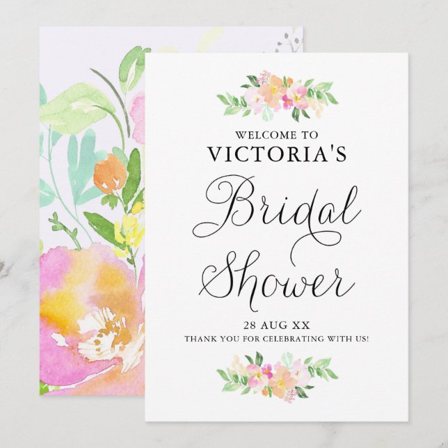 Dainty Watercolor Florals Brautparty Willkommen Einladung (Vorne/Hinten)