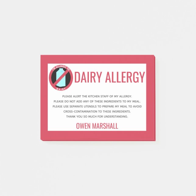 Dairy Allergy Alert Restaurant Koch Custom Post-it Klebezettel (Vorderseite)
