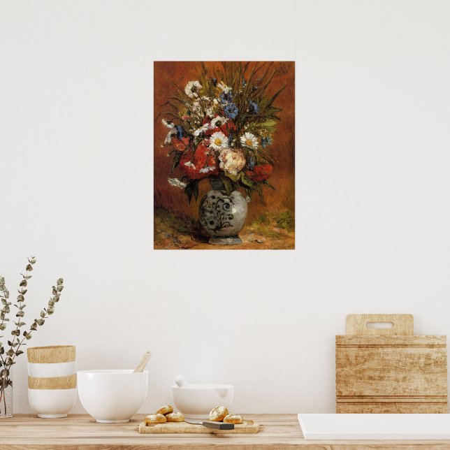 Daisies and Peonies in Blue Vase Poster (Küche)