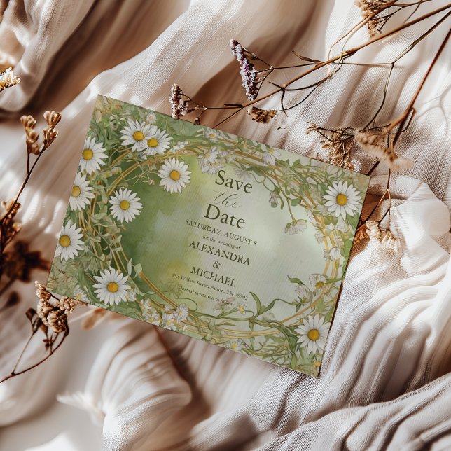 Daisies Art Nouveau Ivory Green Wedding Save The Date (Von Creator hochgeladen)