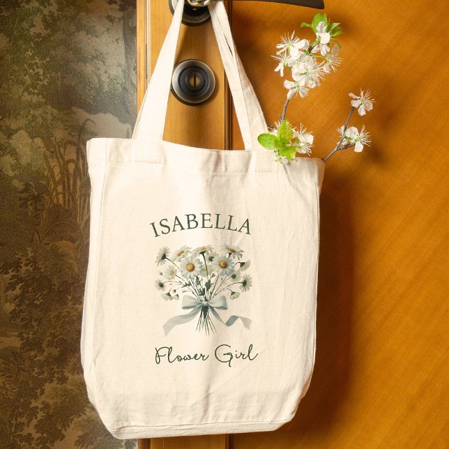 Daisies Bow Watercolor Blütenname Blumenmädchen Jumbo Stoffbeutel (Personalize this flower girl tote with delicate blooms and a ribbon bow—perfect for the wedding day.)