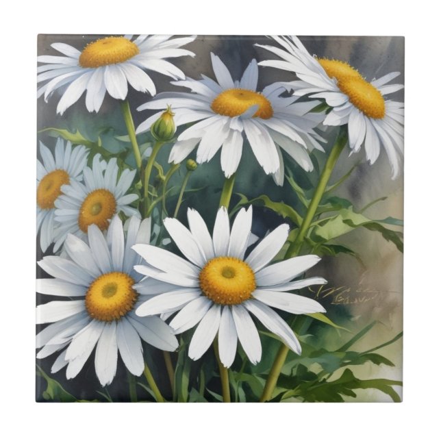 Daisies Bunch Blume Elegante Wasserfarbe Fliese (Vorderseite)