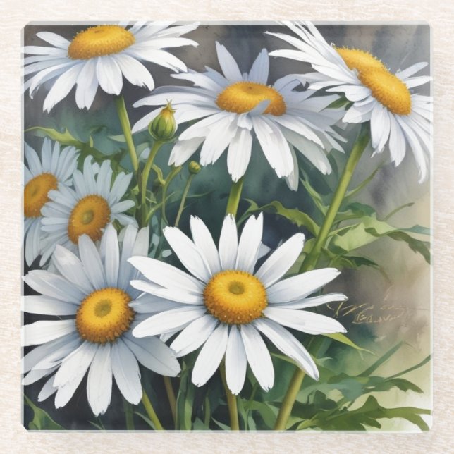 Daisies Bunch Blume Elegante Wasserfarbe Glasuntersetzer (Vorderseite)