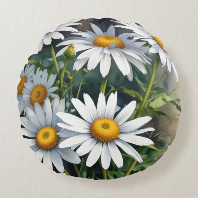 Daisies Bunch Blume Elegante Wasserfarbe Rundes Kissen (Vorderseite)