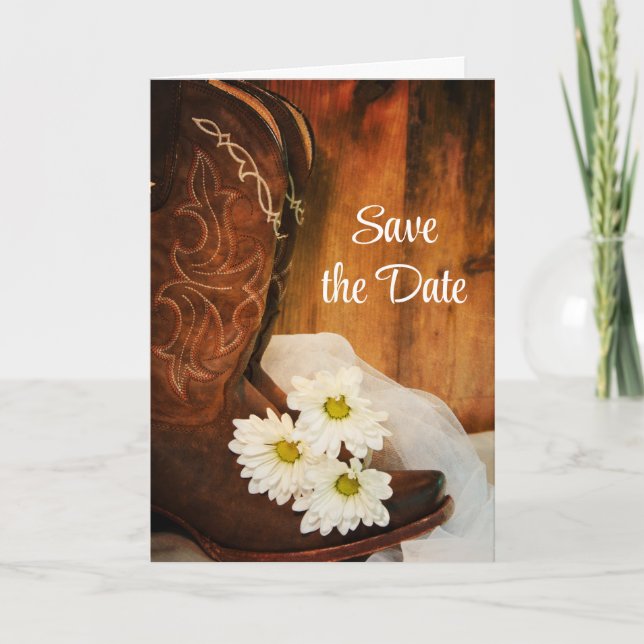 Daisies Cowboy Boots Western Wedding Save the Date Ankündigung (Vorderseite)
